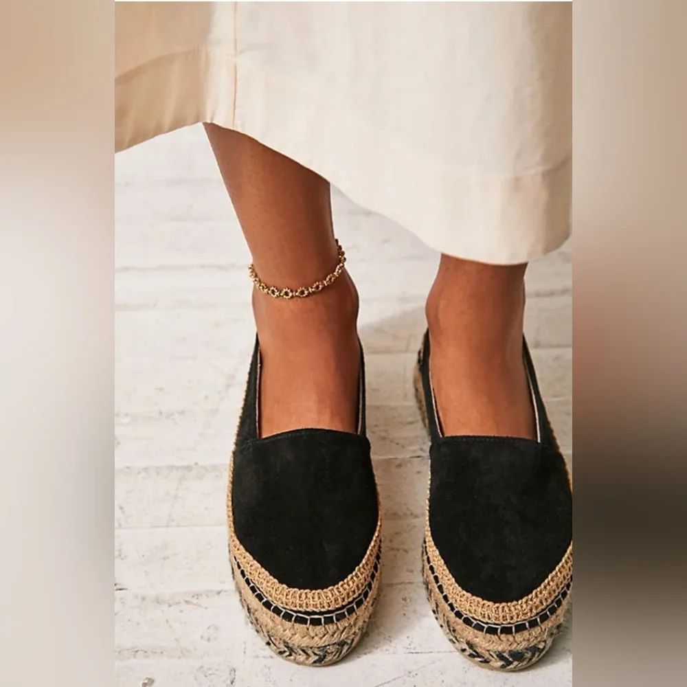 Free People Collection Eden Double Stack Platform Espadrilles sz 9.5 Black Suede